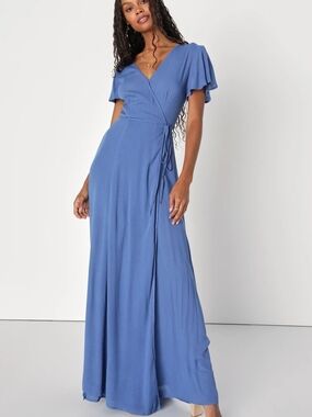 L • Lulu's • Heart of Marigold Denim Blue Wrap Maxi Dress